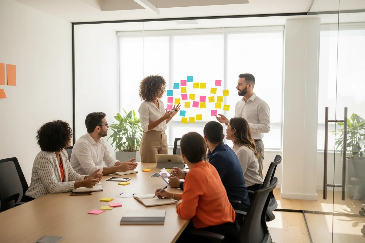 Equipe planejando em frente a um quadro de ideias