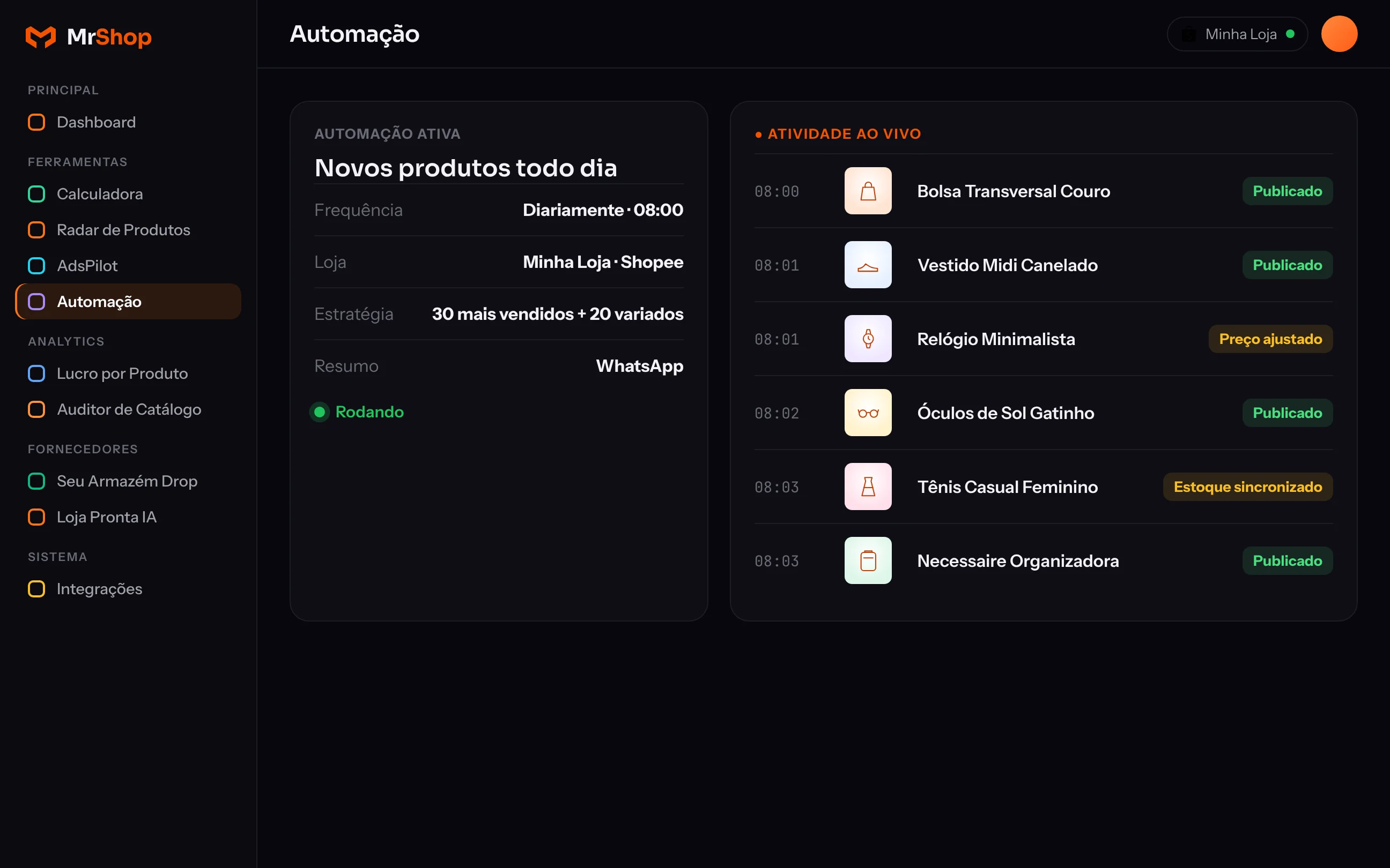 Tela de automação com atividade ao vivo