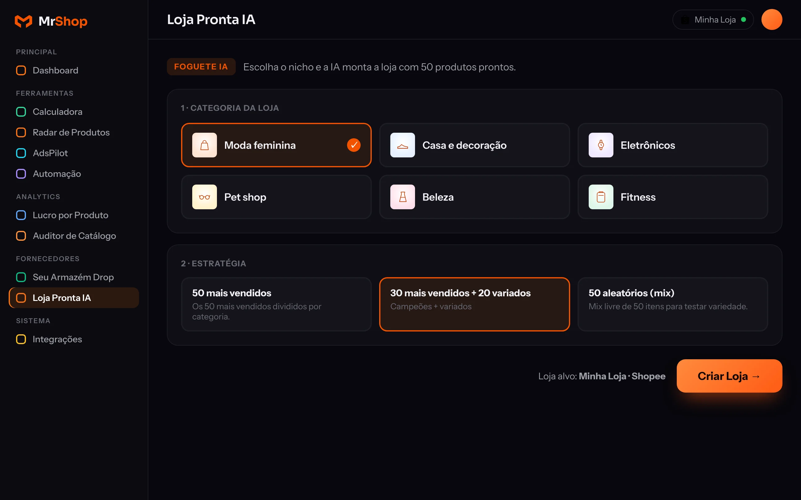 Tela Loja Pronta IA com escolha de nicho e estratégia